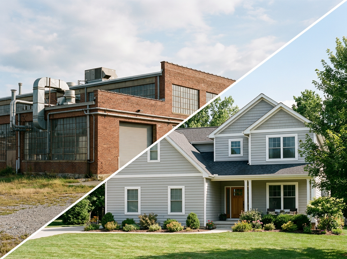 Two neighboring houses, one industrial brick building and one modern suburban home, under a cloudy sky.