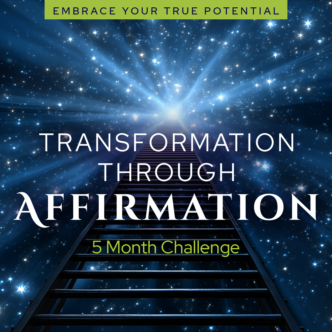 A staircase leading upward into a bright, starry, cosmic sky, with the text 'Embrace Your True Potential' at the top, 'Transformation Through Affirmation' in the middle, and '5 Month Challenge' at the bottom.