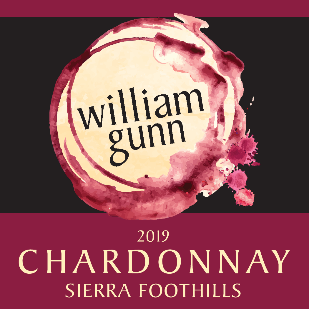 Wine label for William Gunn 2019 Chardonnay from Sierra Foothills, featuring a stylized watercolor illustration of a wine bottle with pink and cream colors.