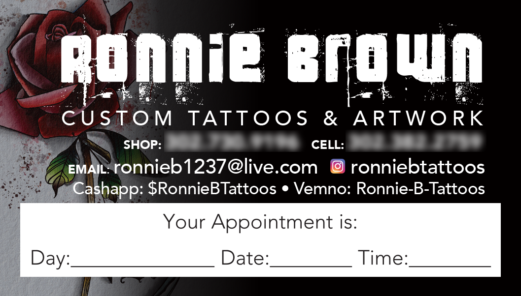 Business card for Ronnie Brown, offering custom tattoos and artwork, with contact information including email, phone number, Instagram, CashApp, and Venmo, and a section for appointment details.