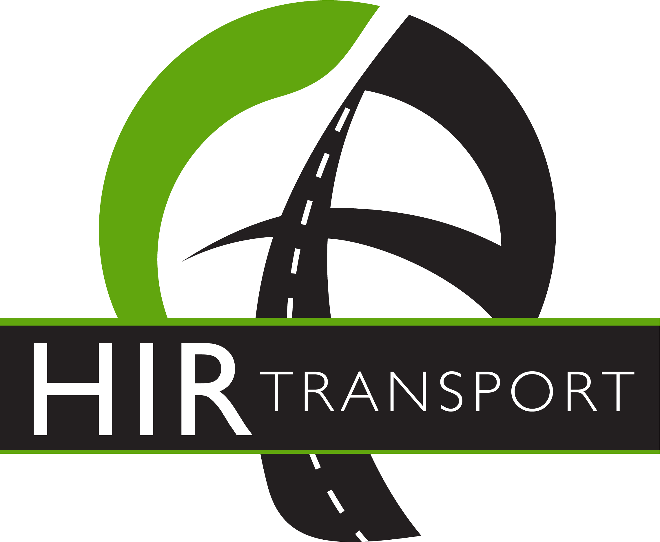 Logo of a transportation company with a stylized black and green road circle and the words 'HIR TRANSPORT' on a black background.