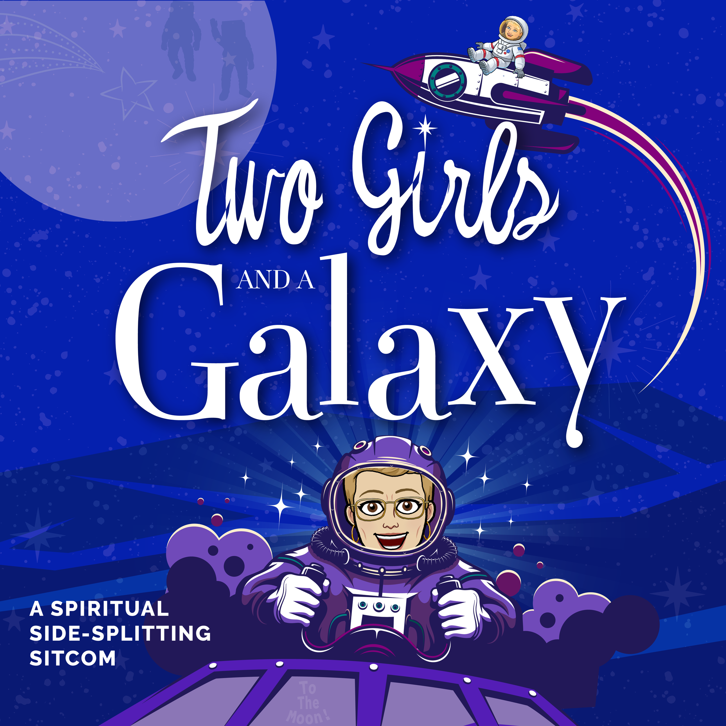 An illustrated poster features a child in a space suit sitting on a spaceship, with a large moon and stars in the background. The text on the poster states, 'To the stars and beyond' and 'A spiritual side-splitting sit-com.' The child has a cheerful expression and wears glasses.
