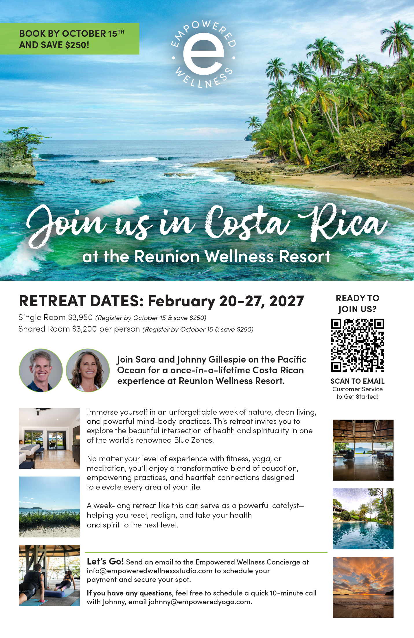 Flyer for a wellness retreat in Costa Rica at the Reunion Wellness Resort, happening from February 20 to 27, 2027, with images of beaches, palm trees, indoor yoga space, and sunset views.