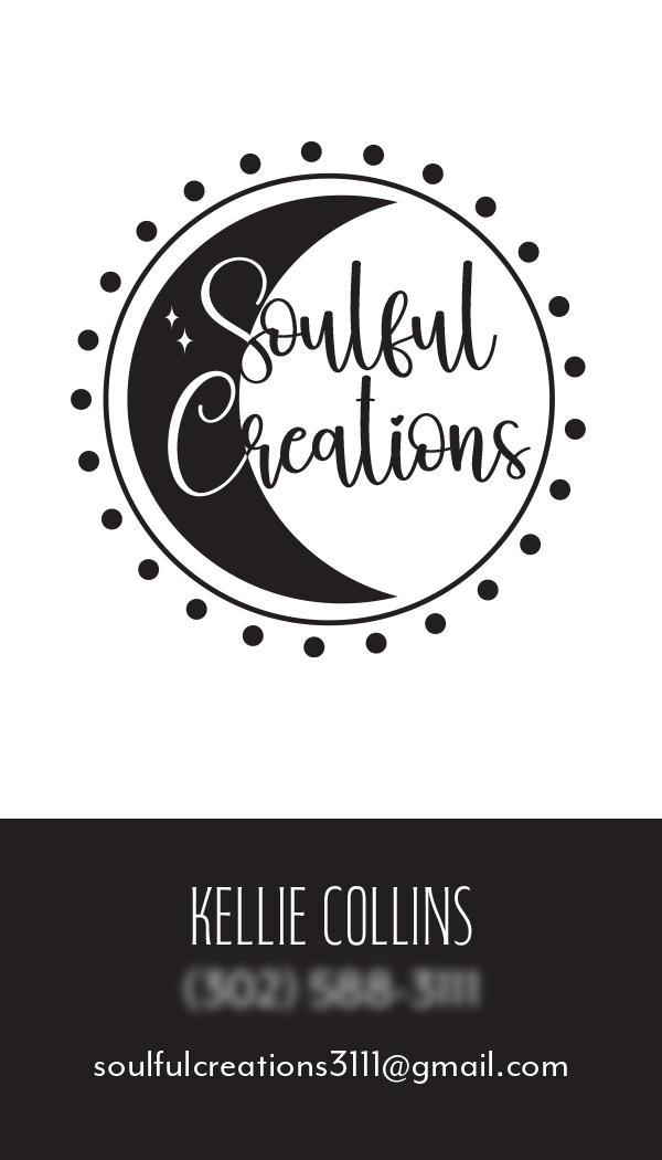 Black and white business card for Soulful Creations with a moon design and contact information for Kellie Collins.