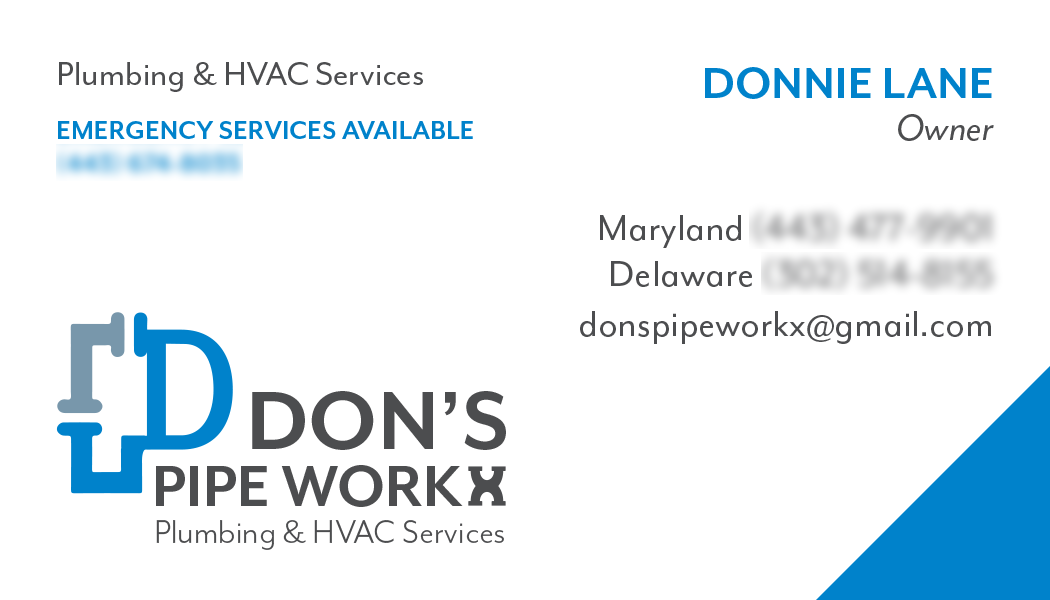 Business card for Don's Pipe WorkX, a plumbing and HVAC service company, with contact information, logo, and the owner's name, Donnie Lane.