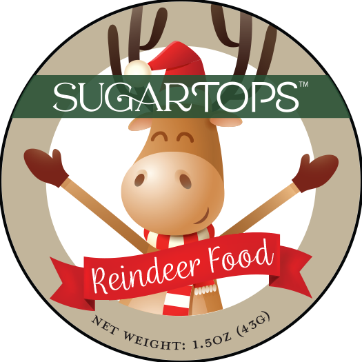 Reindeer-shaped candy with chocolate antlers, red scarf, and Santa hat, labeled 'Sugartops Reindeer Food'