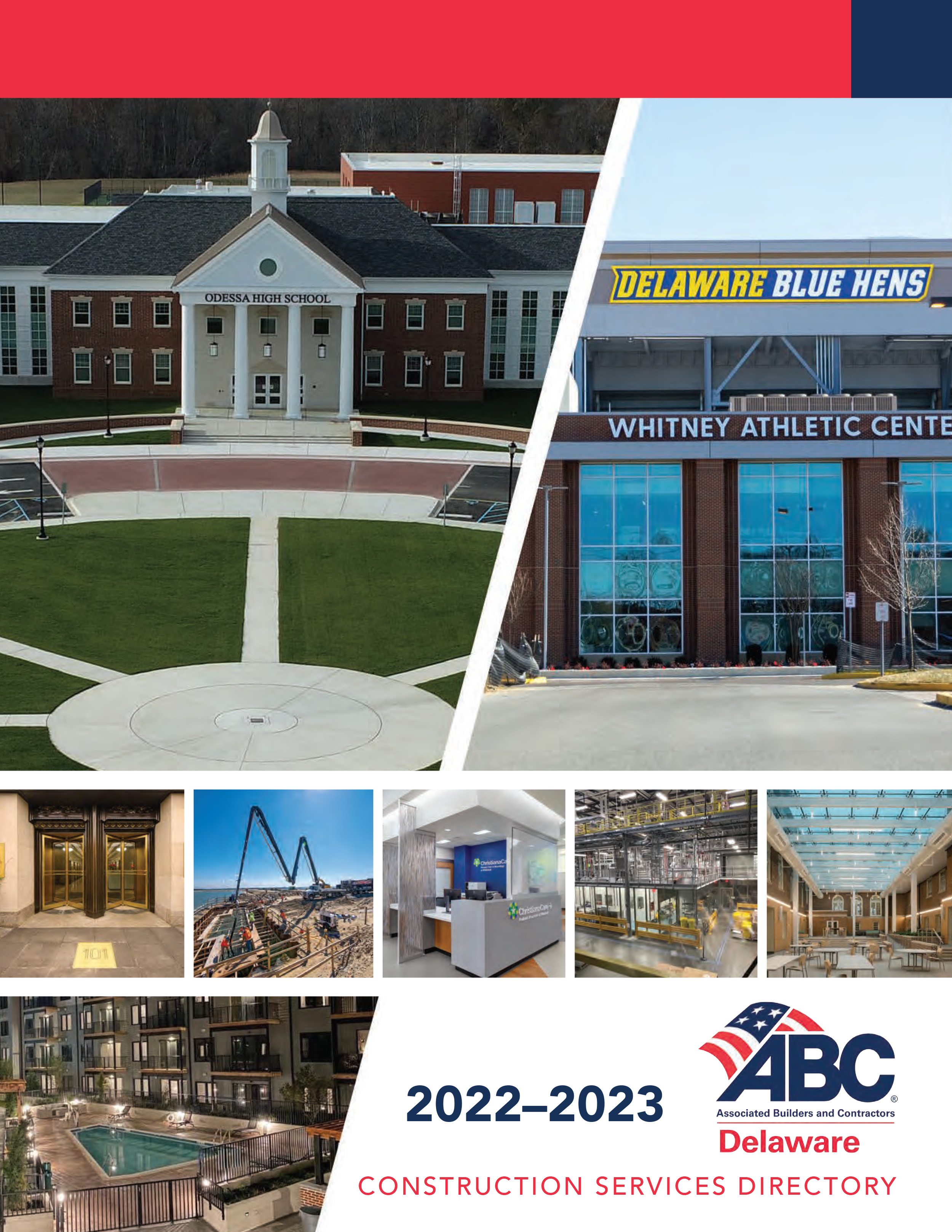 Cover page of the 2022-2023 Delaware Construction Services Directory by the Associated Builders and Contractors (ABC). Features images of various construction projects including a school building, a sports arena, a hotel, industrial and commercial spaces, and a residential complex.