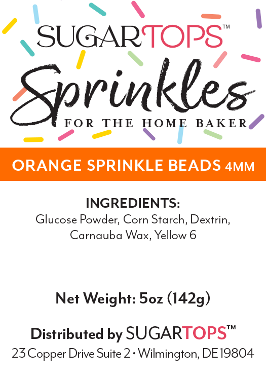 Packaging for SugarTops Sprinkles with colorful confetti design, labeled as orange sprinkle beads, 4mm, including ingredients and distributor information.