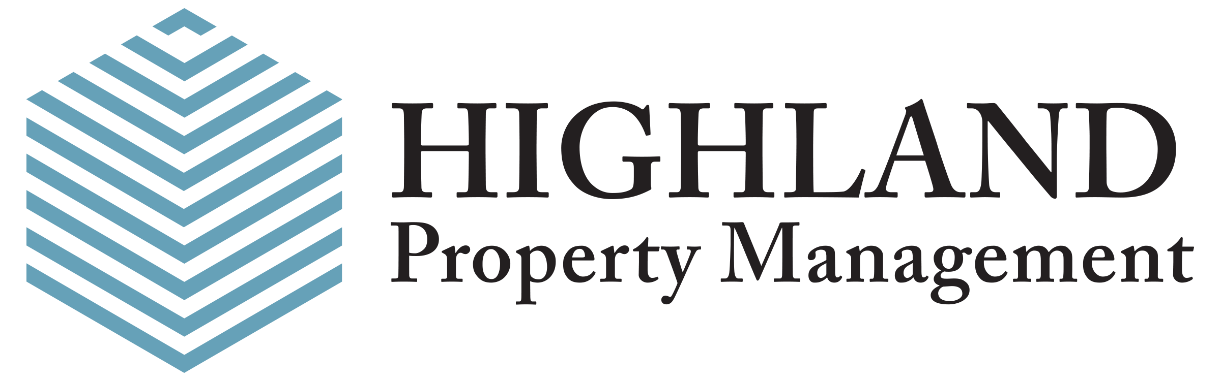 Highland Property Management logo featuring a stylized blue geometric building next to black text.