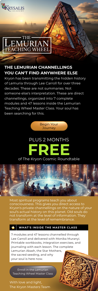 Promotional poster for the Krysalís Academy's Lemurian Teaching Wheel, featuring a mystical pyramid and a cosmic circle with people seated around a glowing center in a grand hall.