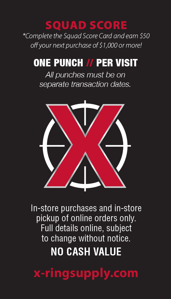 Squad Score promotion with a large red X over a target icon, offering one punch per visit, online orders only, no cash value, and a website link x-ringsupply.com.