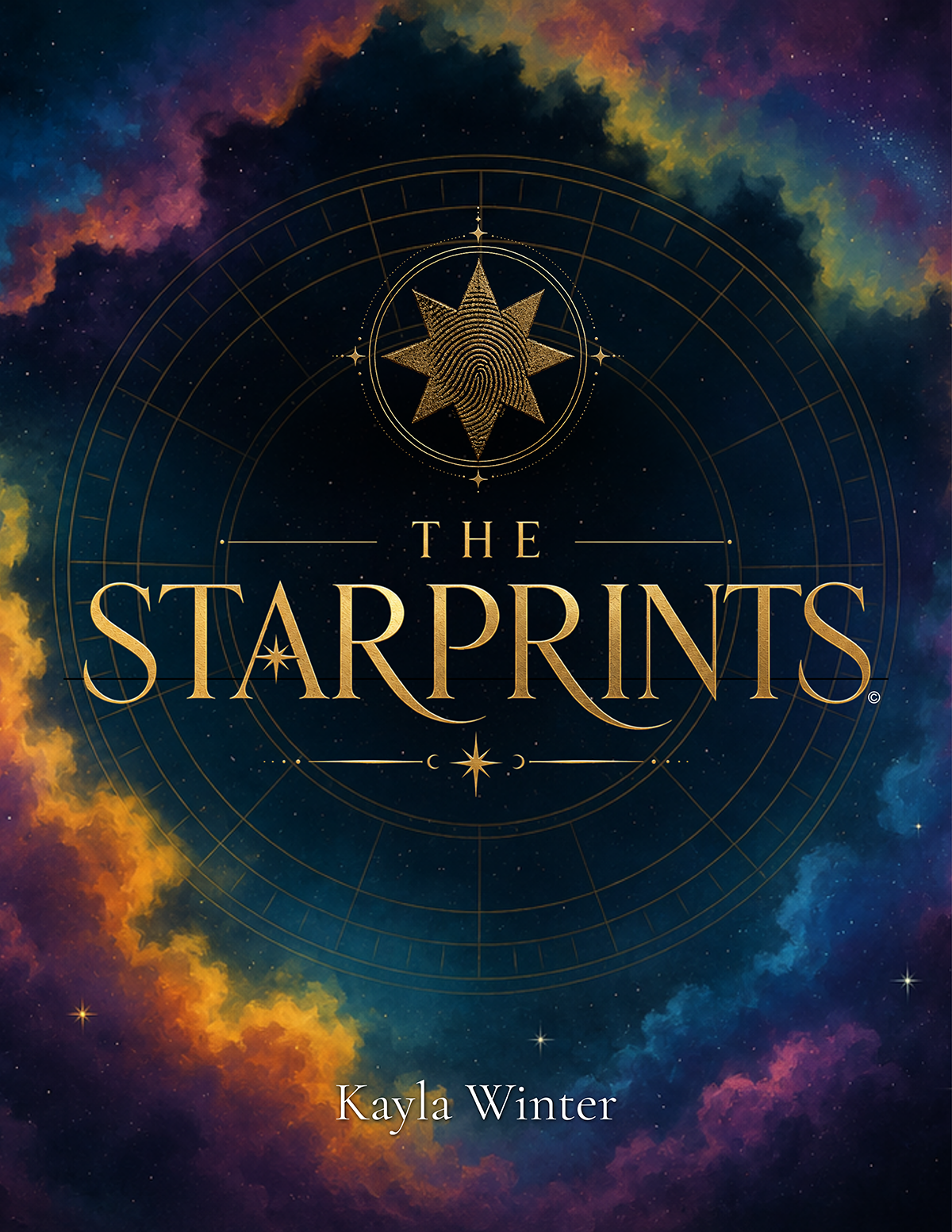 Book cover for 'The Starprints' by Kayla Winter featuring a star-shaped fingerprint and celestial design elements in a galaxy background.