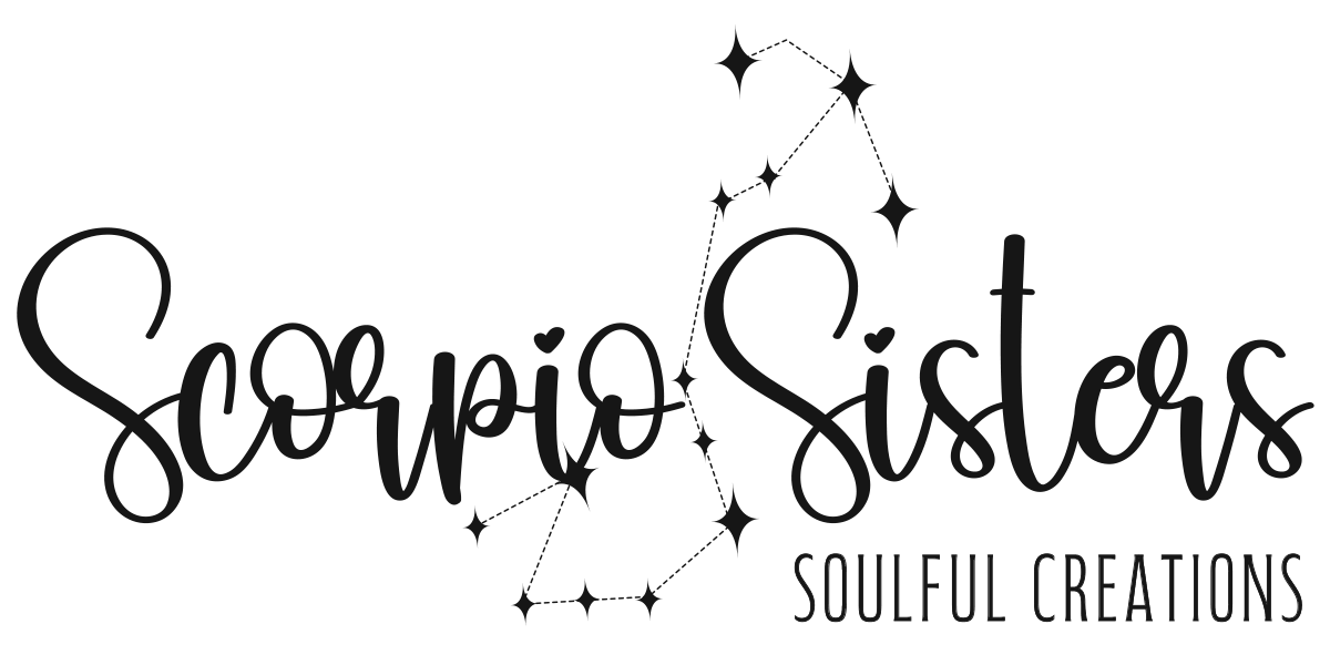 Black logo with celestial constellation design and the text 'Scorpio Sisters' and 'Soulful Creations'.