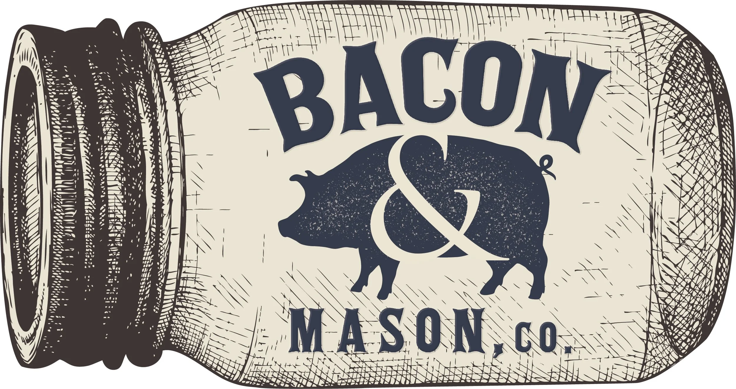 Illustration of a mason jar with text reading 'Bacon & Mason Co. and a pig silhouette in the center.