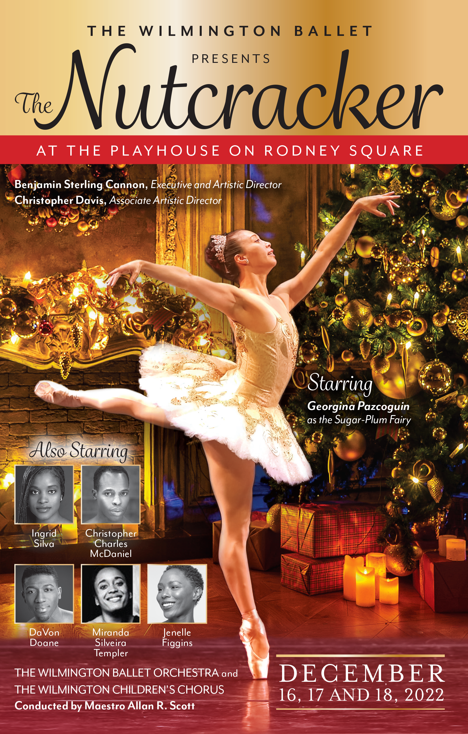 Poster for the Wilmington Ballet's production of The Nutcracker at the Playhouse on Rodney Square, featuring a ballerina performing a dance in front of a decorated Christmas tree with presents and candles, with event dates December 16-18, 2022.