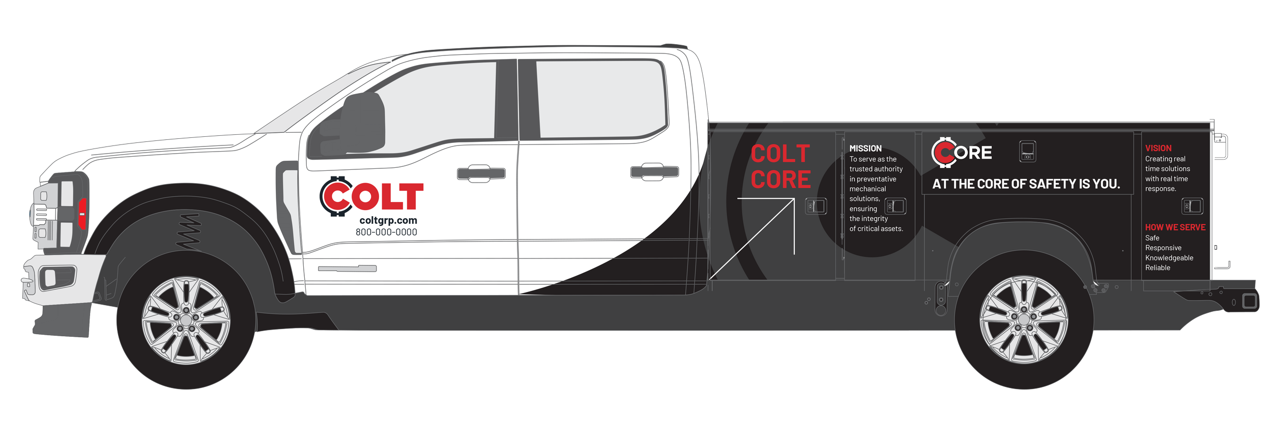 Design of a black and white pickup truck with red and white company branding, including the logo, website, and phone number, along with mission, vision, and service information.