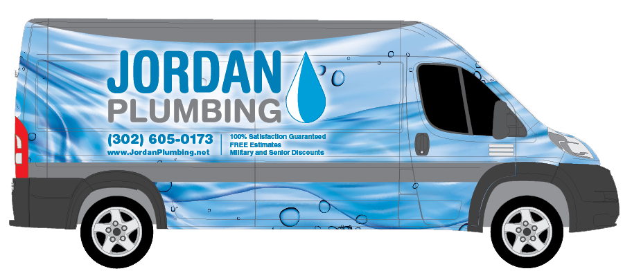 A business van advertising Jordan Plumbing with a blue water-themed design and contact information.