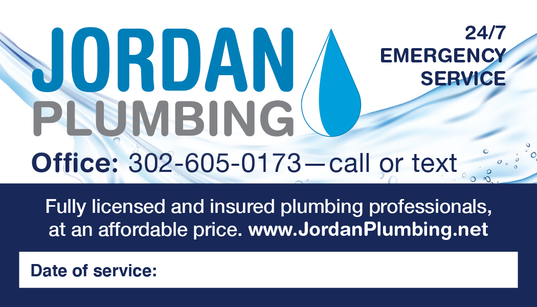 Digital business card for Jordan Plumbing, offering 24/7 emergency service, featuring a water droplet graphic, phone number, website, and space for date of service.