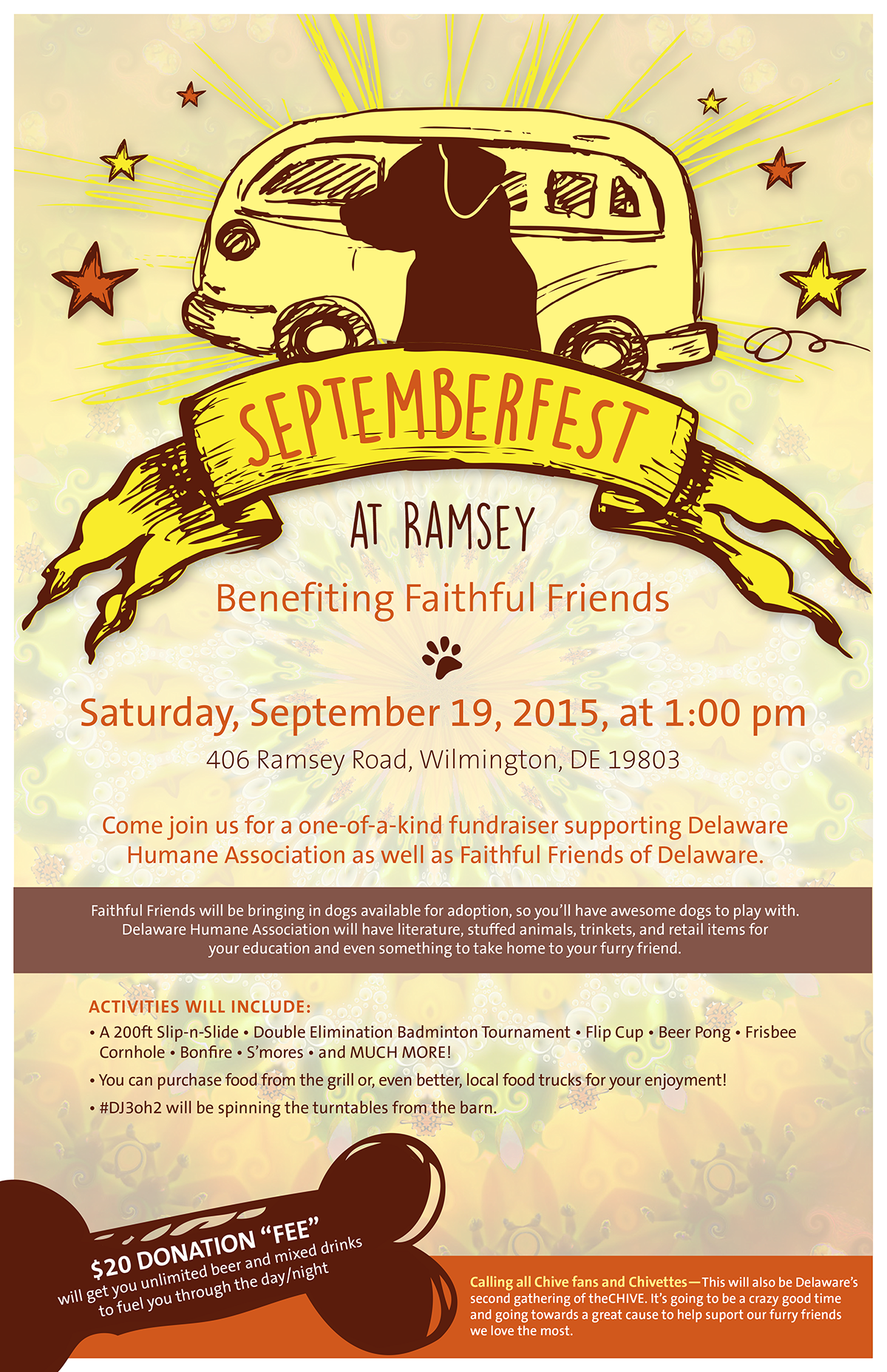 Flyer for Septemberfest at Ramsey featuring a dog in front of a bus, with stars and radiant lines. It mentions event details, activities, and fundraising for Delaware Humane Association and Faithful Friends of Delaware.