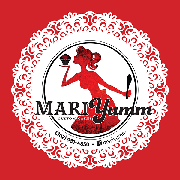 Logo for MariYumm, a custom cake business, featuring a red silhouette of a woman holding a cupcake and a cookbook, with decorative white lace border on a red background.