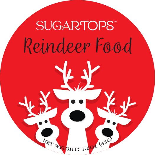 Red circular label for Sugartops Reindeer Food featuring stylized cartoon reindeer heads with antlers, black eyes, and large nose, along with the text 'Sugartops Reindeer Food' and the net weight of 1.5 oz (43g).