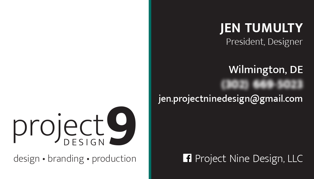 Business card for Jen Tumulty, President of Project Nine Design, based in Wilmington, Delaware, with contact information and business services including design, branding, and production.