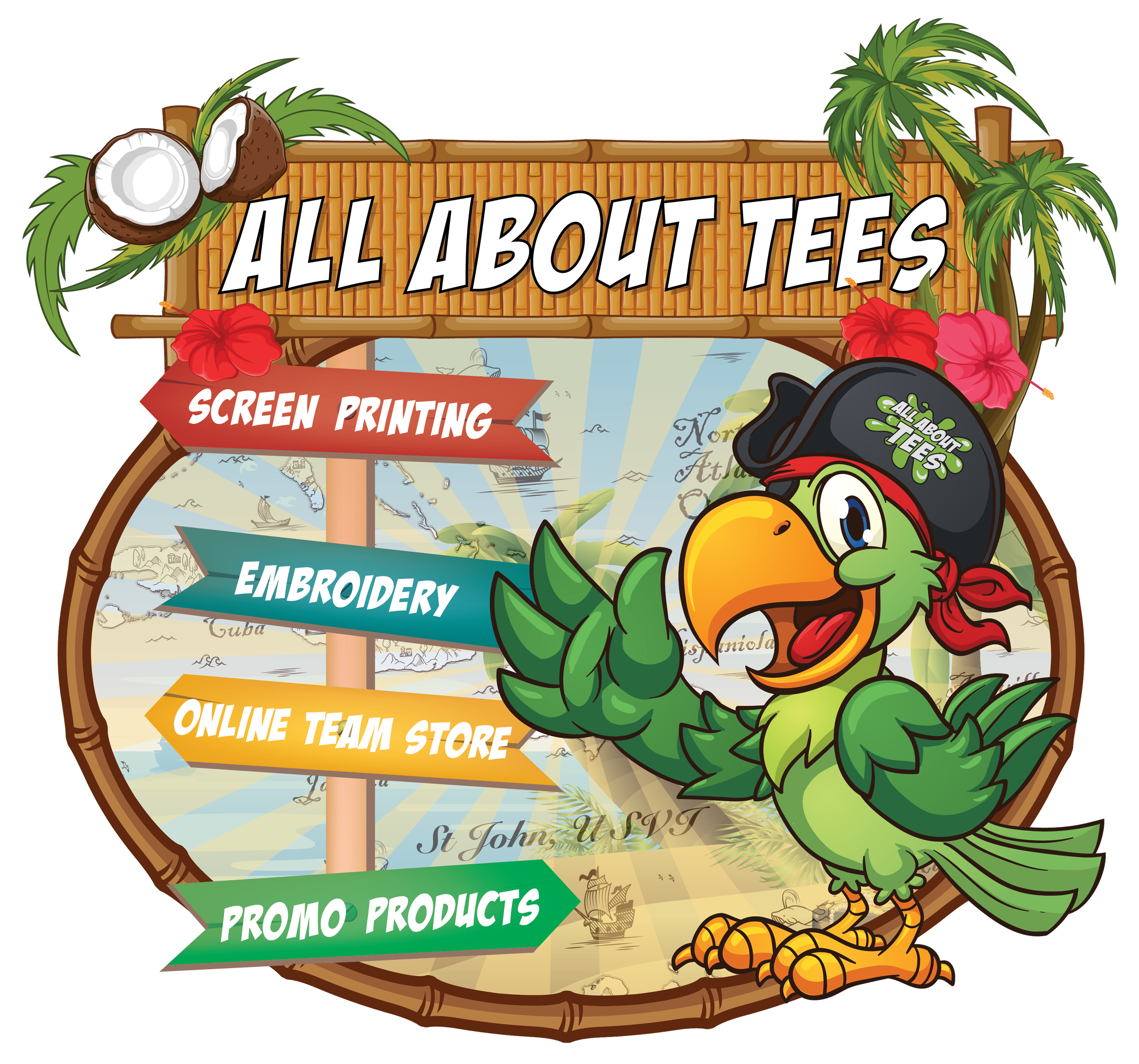 Decorative sign with tropical leaves, coconuts, and a cartoon bird mascot advertising All About Tees, embroidery, screen printing, and online team store services.