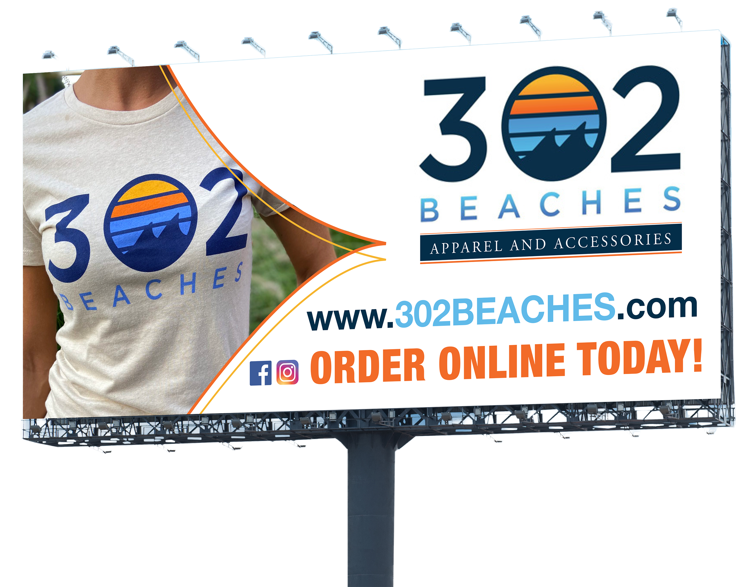 Billboard advertising 302 Beaches apparel and accessories, with a focus on beach-themed logo featuring a sunset over the ocean and a person wearing a t-shirt with the same logo.
