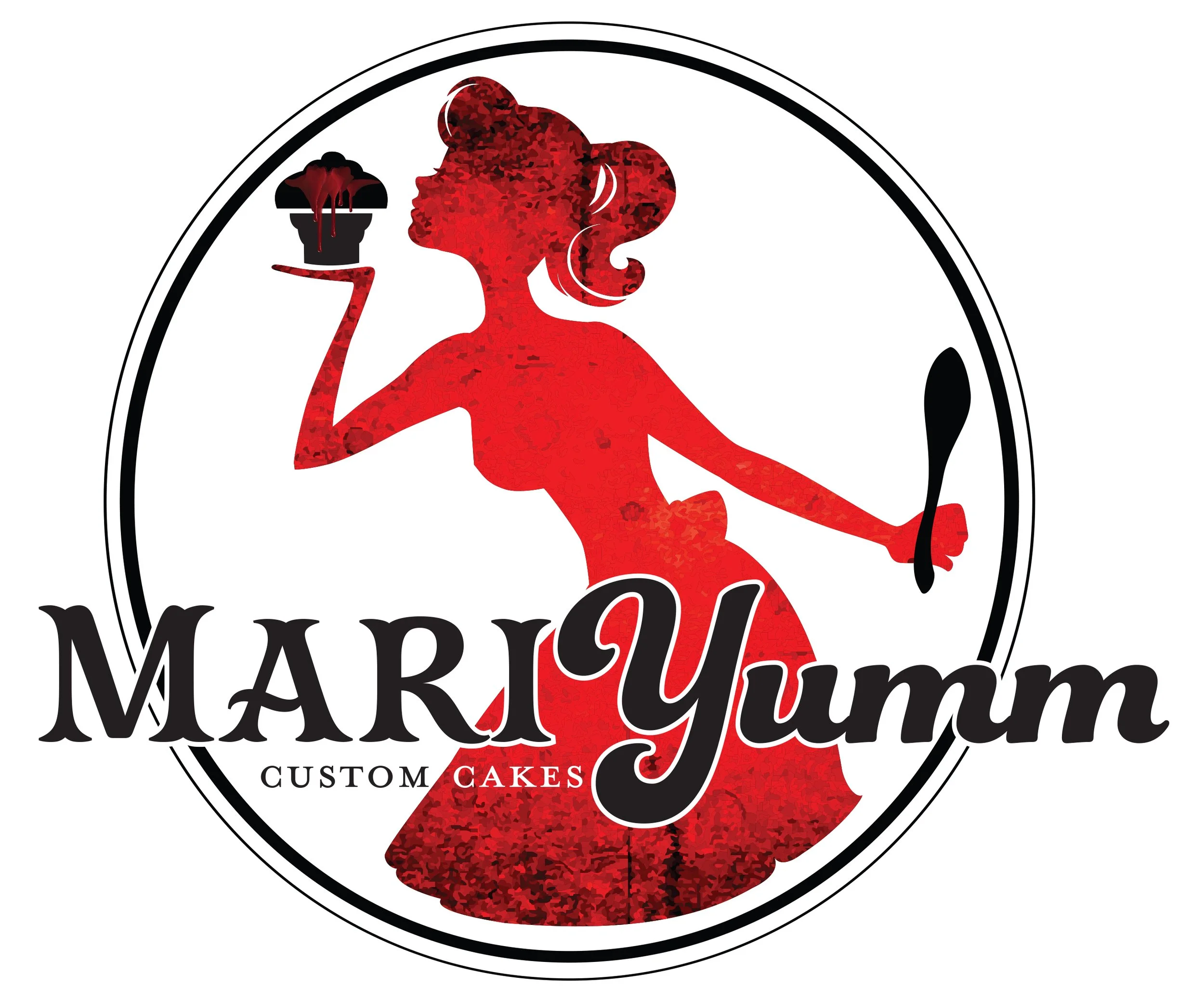 A logo featuring a red silhouette of a woman holding a cake, with black and white circular design elements, and text that reads 'MarYumm Custom Cakes'.