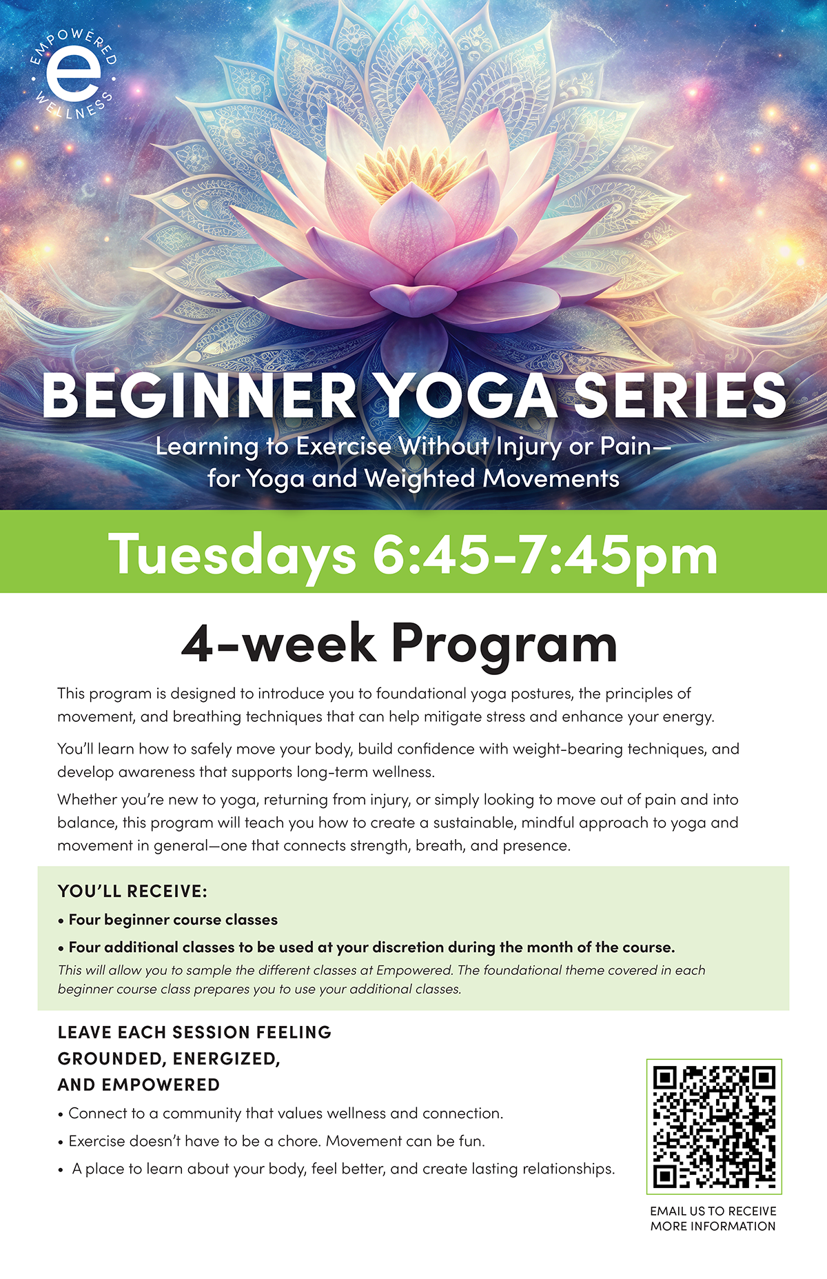 Poster for a beginner yoga series featuring a lotus flower with a cosmic background, bright colors, and information about classes on Tuesdays from 6:45 to 7:45 pm, a 4-week program, and wellness benefits.