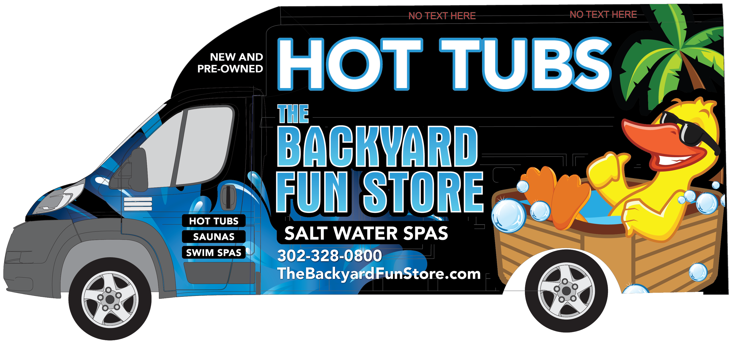 A colorful truck advertises The Backyard Fun Store, offering hot tubs, salt water spas, saunas, and swim spas. The truck features a cartoon duck wearing sunglasses, sitting in a wooden hot tub with bubbles, and a palm tree. The phone number 302-328-0800 and website TheBackyardFunStore.com are displayed.