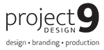 Logo for Project 9 Design with the words 'design, branding, production' below.