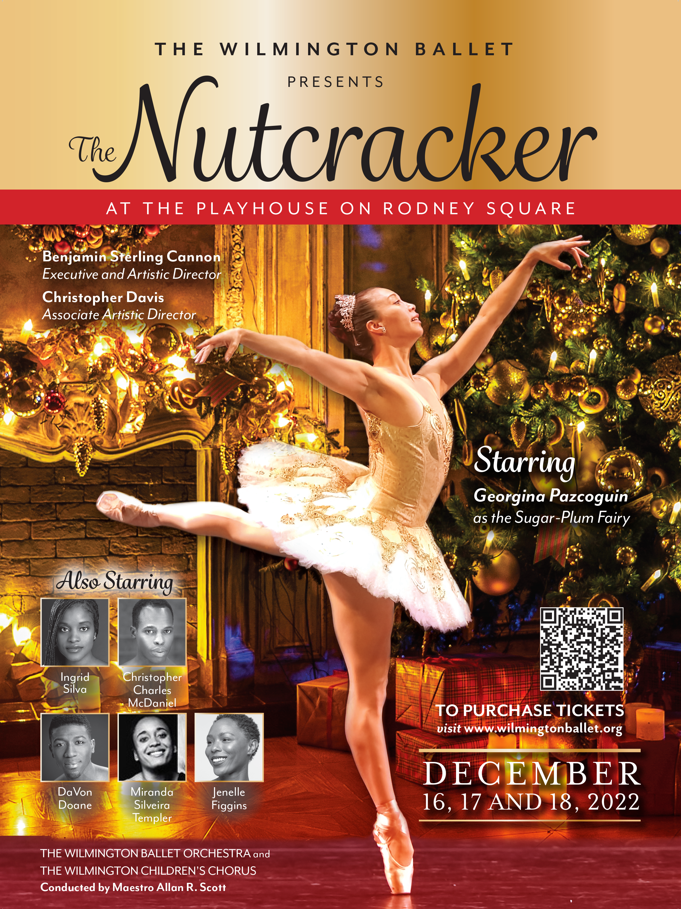 A ballet dancer performing in front of a decorated Christmas tree with presents, transitioning from an arabesque to a tutu with a tutu, in a warmly decorated room with a fireplace and gold ornaments, promoting a ballet performance of The Nutcracker by Wilmington Ballet on December 16-18, 2022.