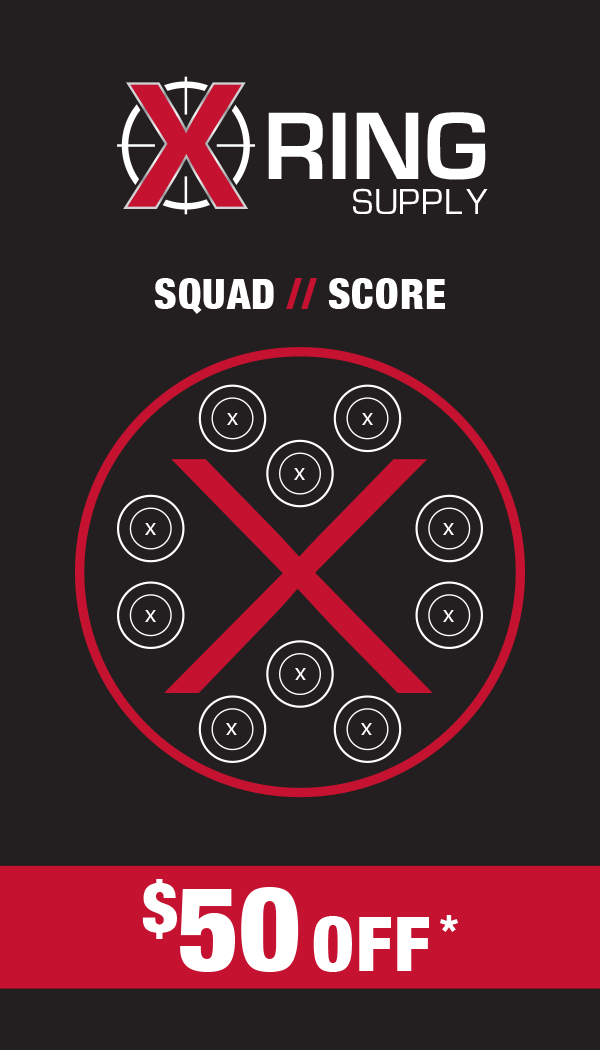 X RING SUPPLY advertisement offering $50 off, featuring a target-style graphic with nine circles and a large X.