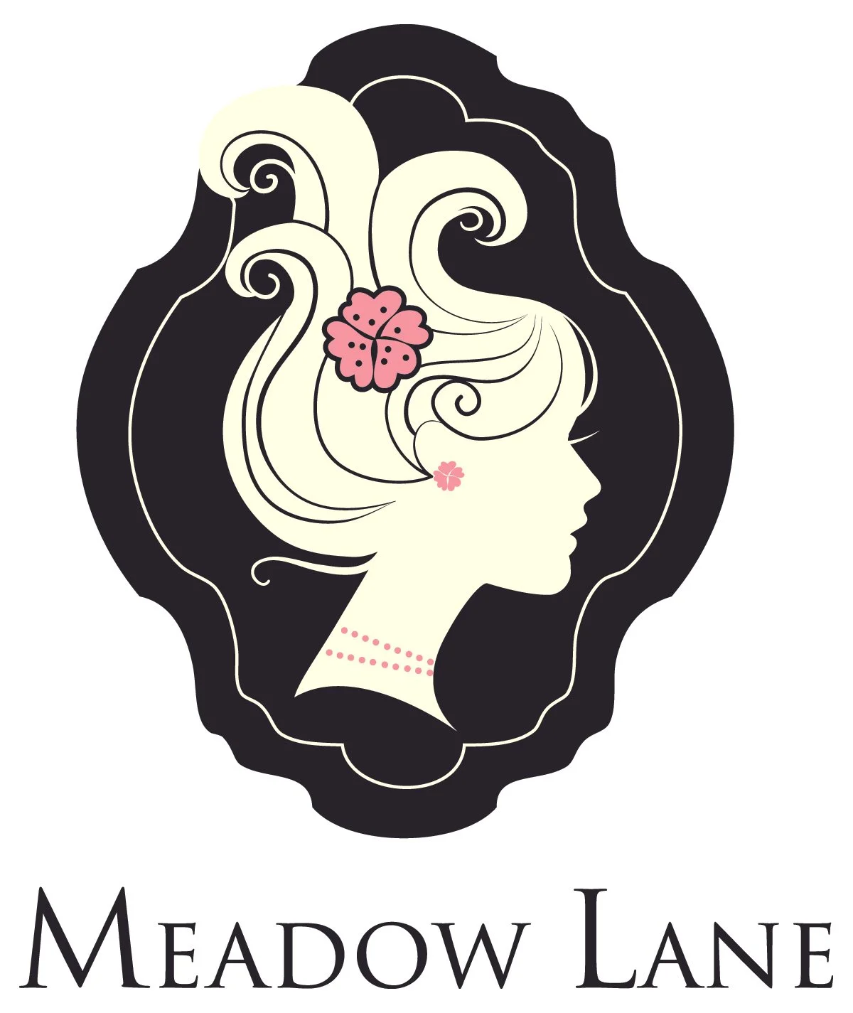 Logo of a woman with flowing hair decorated with pink flowers, black background, and the text 'Meadow Lane' below.