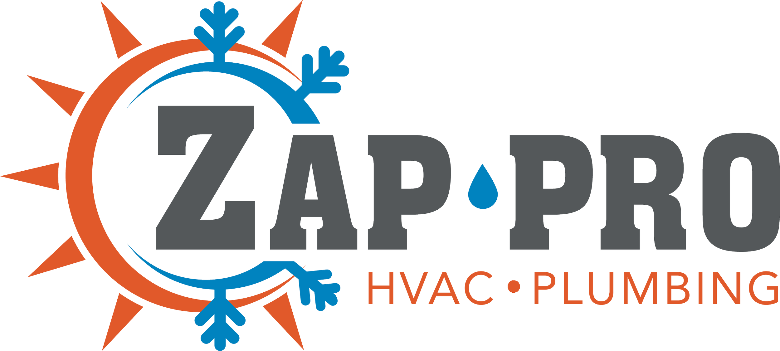 Logo for ZapPro HVAC and Plumbing featuring a stylized sun with orange and blue snowflake elements, and the company name in large gray and orange text.