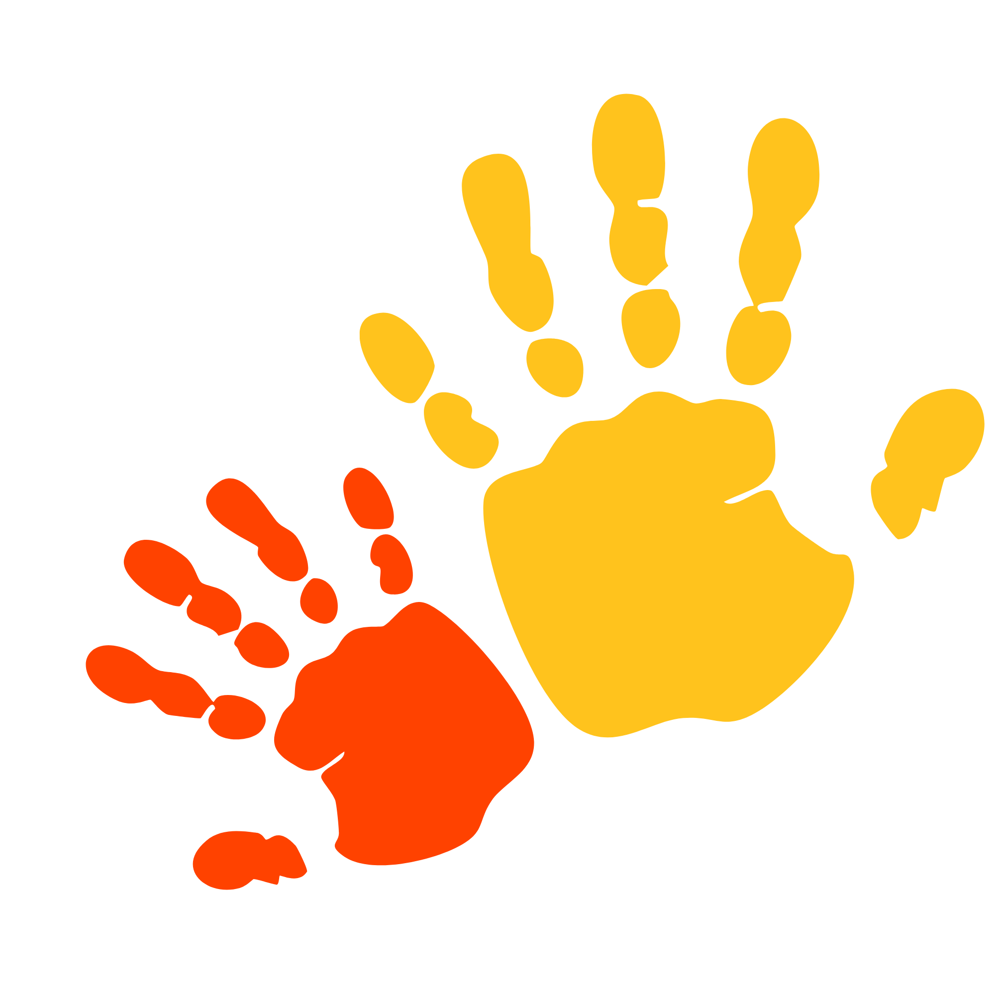 Colorful handprints in yellow and red, graphic for Little Paws Occupational Therapy for Kids