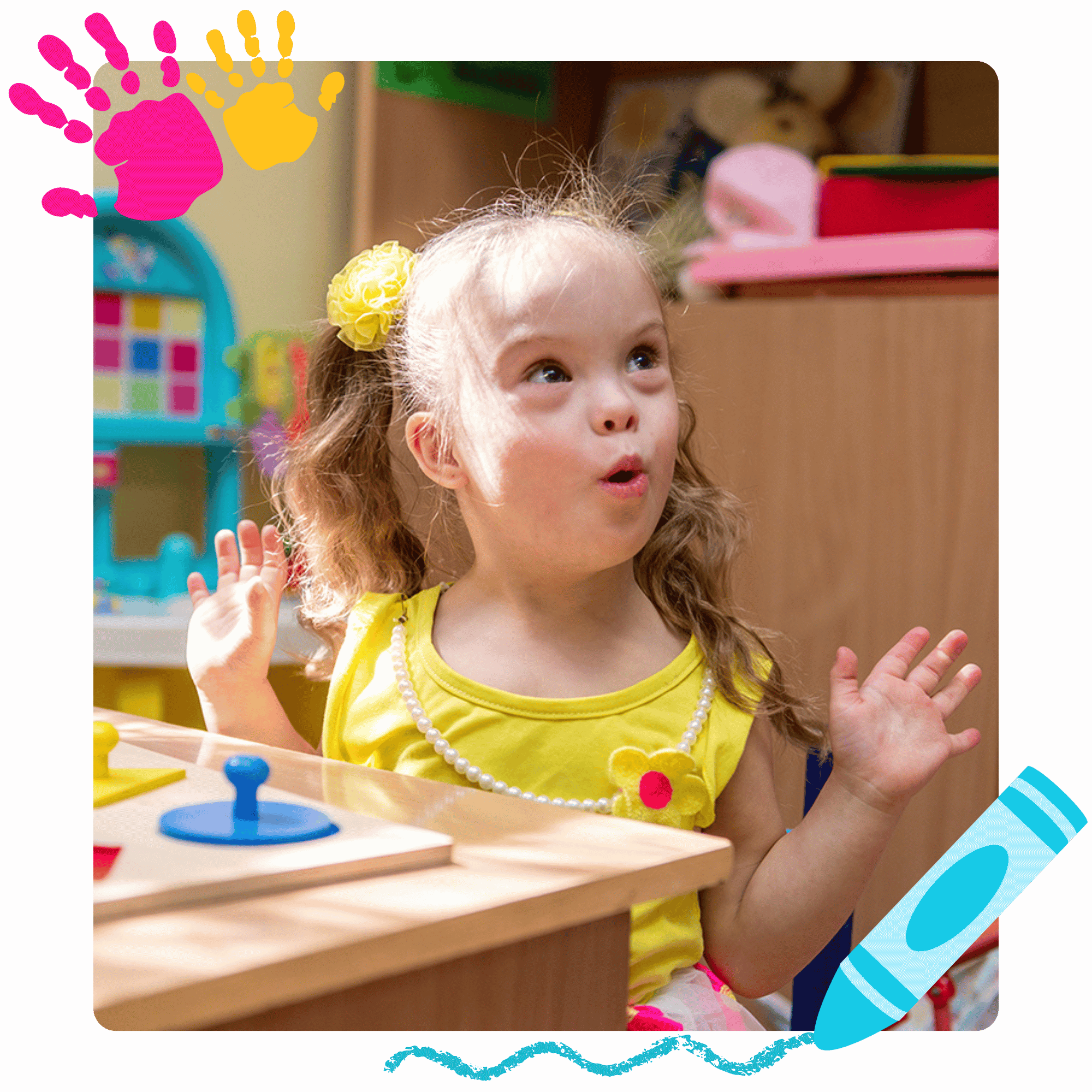 A young girl with curly hair, wearing a yellow dress, sitting at a table, using a puzzle to work on developmental fine motor skills during occupational therapy for kids in Metuchen, NJ