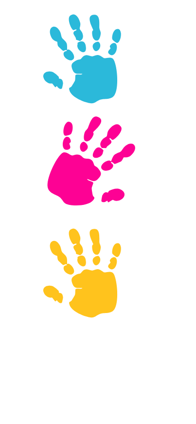 Four colorful handprints in blue, pink, yellow, and white, vertically aligned, graphic for Little Paws Occupational Therapy for Kids