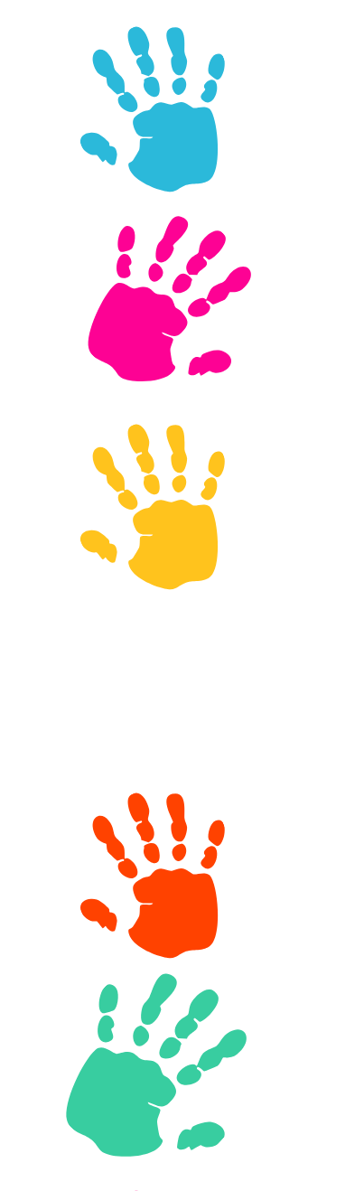 Vertical arrangement of five colorful handprints, graphic for Little Paws Occupational Therapy for Kids