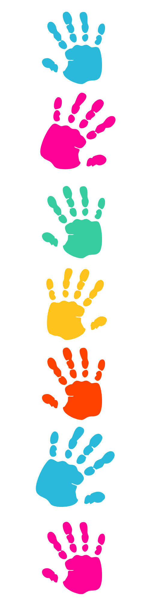 Vertical row of colorful handprints, graphic for Little Paws Occupational Therapy for Kids