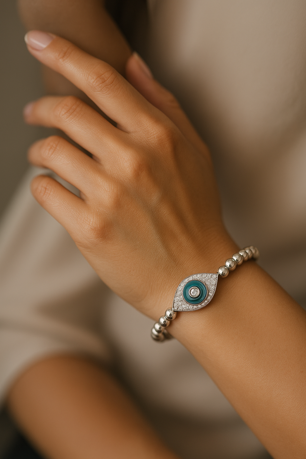 Custom gemstone bracelet on wrist showcasing handcrafted jewelry design at SINO Fine Jewelry in Boca Raton.