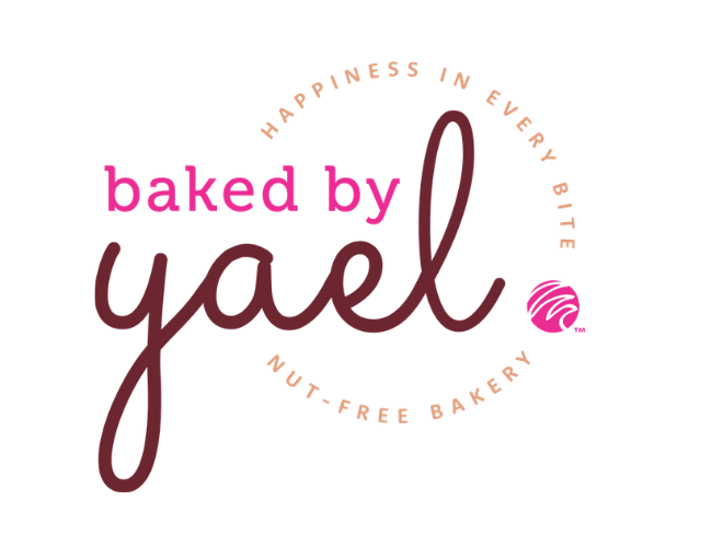 Logo for 'Baked by Yal' featuring pink and brown text with a circular arrangement and a pink decorative swirl icon.