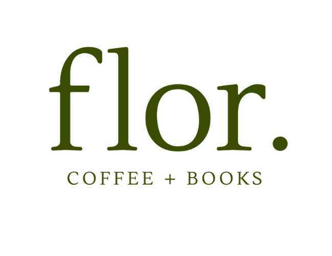 Logo with the word 'flor.' in large green letters, and 'COFFEE + BOOKS' in smaller green letters beneath it, on a black background.