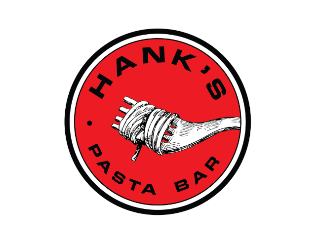 Logo for Hank's Pasta Bar featuring a fork with pasta wrapped around it, set against a red circular background with black text.