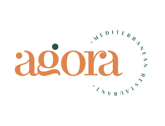 A logo with the stylized word 'agora' in orange, with the phrase '.Mediterranean Restaurant' in a circular arrangement in green around it.