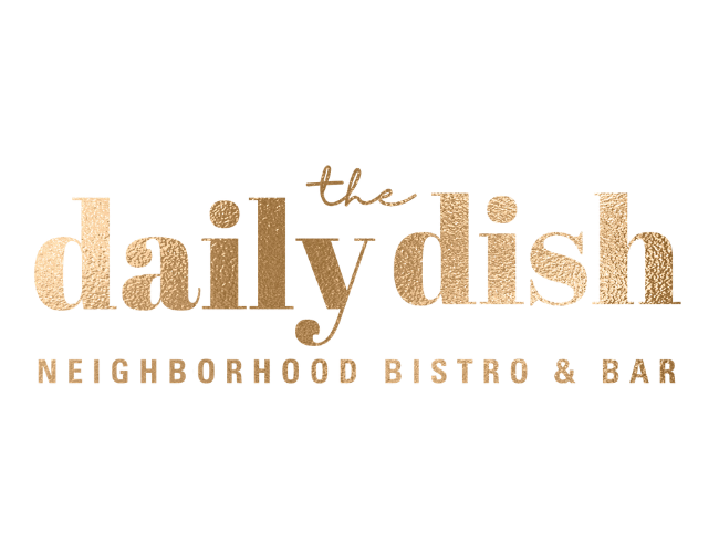 Logo for the Daily Dish Neighborhood Bistro & Bar with beige and brown text on a black background.