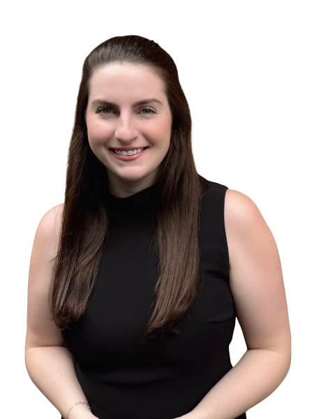 A woman with long straight hair smiling, wearing a sleeveless black top, posed against a black background.