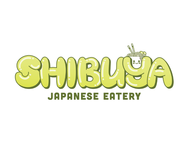 Logo of Shibuya Japanese Eatery with stylized green bubbly letters and a smiling cartoon bowl of ramen on top of the 'Y'.