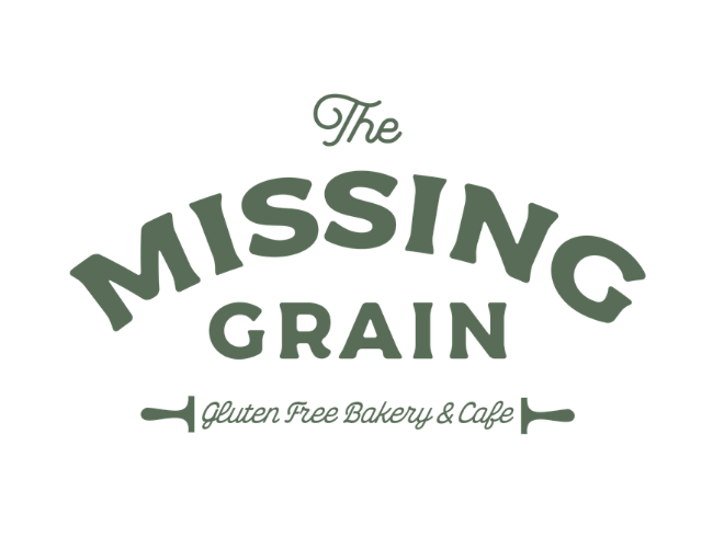 Logo for The Missing Grain, a gluten-free bakery and cafe, with green text on a black background.